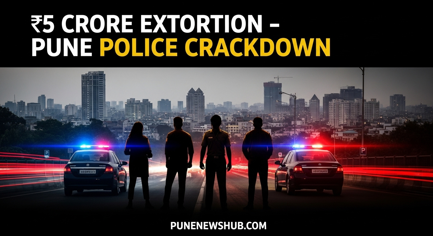 "पुणे में बिल्डर से ₹5 करोड़ की रंगदारी मामले में पुलिस की कार्रवाई दर्शाती कवर इमेज