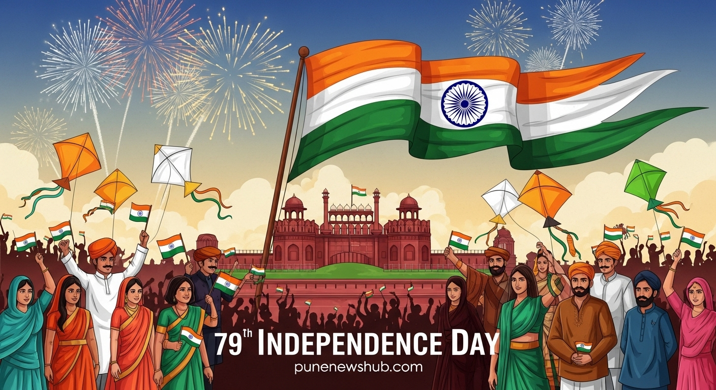 "79वां स्वतंत्रता दिवस का उत्सव — तिरंगा, लाल किला और देशभक्ति का जश्न |